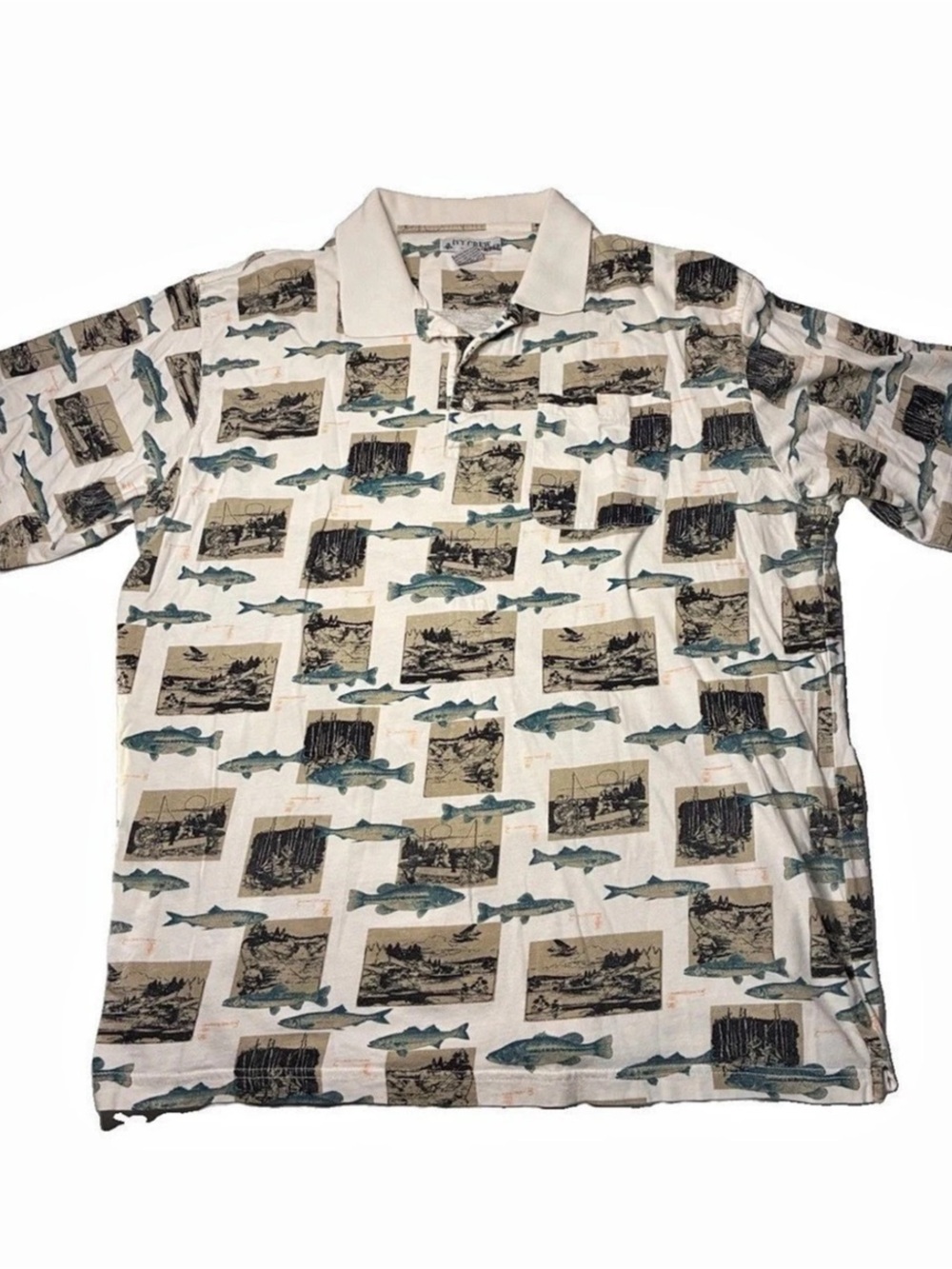 Ivy Crew Options Men’s Polo Shirt Fish Print Size XL 100% Cotton Dadcore 90s